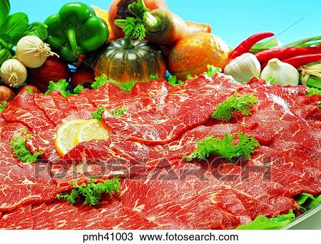 Stock Image - meat, meat dish, mushroom, ribs of a fan, fresh meat, beef. Fotosearch