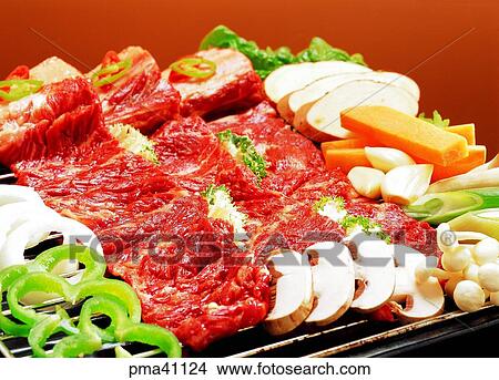 Picture - meat, meat dish, mushroom, ribs of cow, beef, beef. Fotosearch