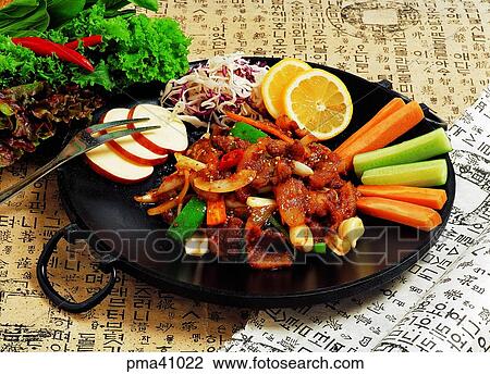 Stock Image - meat, meat dish, pork, broiled food, roasted food, indoor. Fotosearch