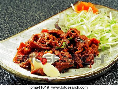 Stock Photo - meat, meat dish, pork, broiled food, roasted food, indoor. Fotosearch