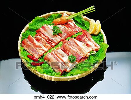 Stock Image - meat, meat dish, pork, fresh ribs of pork, fresh meat, indoor. Fotosearch