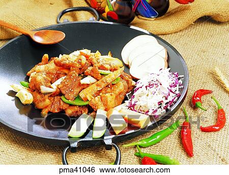 meat, meat dish, pork, indoor, vegetables, seasoned meat View Large Photo Image Stock Photograph - meat, meat dish, pork, indoor, vegetables, seasoned meat. Fotosearch