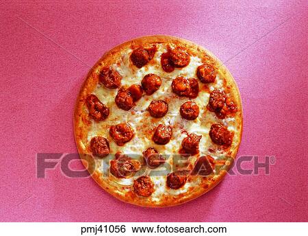 Stock Photograph - Meatball Pizza, Western food, indoor, style, cook, cooking. Fotosearch