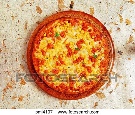 Stock Image - Western food, indoor, style, Corn Pizza, cook, cooking. Fotosearch