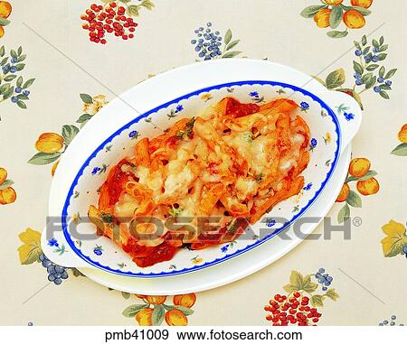 Stock Photo - Western food, indoor, style, Oven Cheese Penne, cook, cooking. Fotosearch