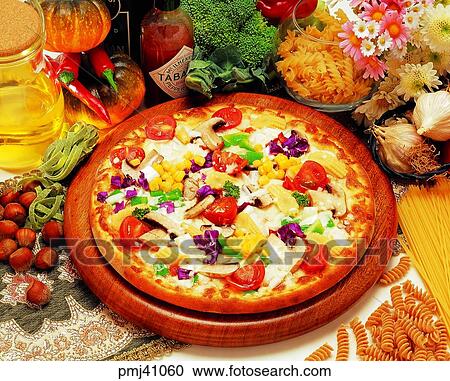Stock Image - Western food, indoor, vegetable Pizza, style, cook, cooking. Fotosearch