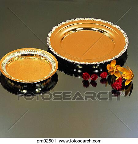 Stock Image - gold tray, two things, objects, things, articles, daily necessariew. Fotosearch
