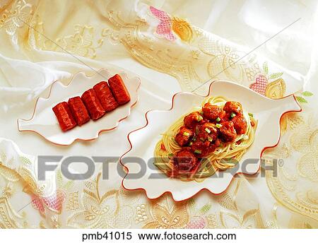 Stock Photography - noodles, meatball spaghetti, powdered food, flour-based food, objects, things. Fotosearch