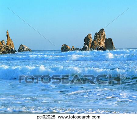 Stock Photography - wave, wave, rocky island, landscape, scenery, scene, view. Fotosearch