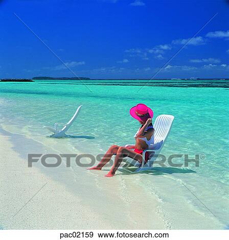 Stock Photo - woman, women, female, swimming suit, hat, cap, horizon. Fotosearch
