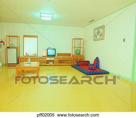 韓国語 スタイル 家 本 部屋 内部 部屋 部屋 寝室 テレビ 家具 ストックフォト 写真素材 Pff005 Fotosearch