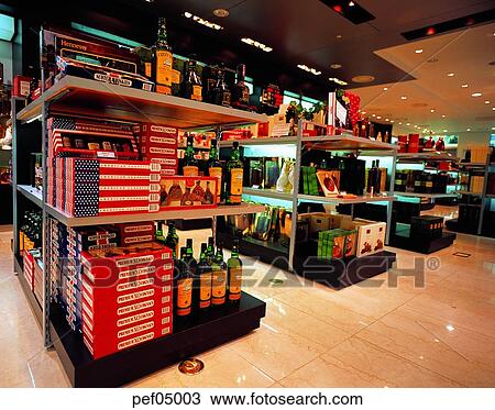Stock Image - duty-free shop, alcoholic liquors, store, shop, display, goods, commodity. Fotosearch
