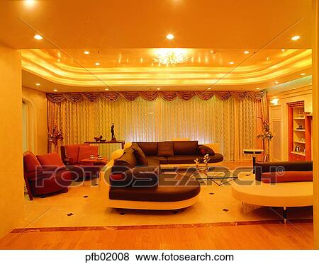 Stock Photo - living room interior, furniture, curtain, curtain, table, sofa, light. Fotosearch