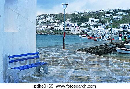 Mikonos, harbor city, cities, street light, street lamp, bench, dock View Large Photo Image Stock Photo - Mikonos, harbor city, cities, street light, street lamp, bench, dock. Fotosearch