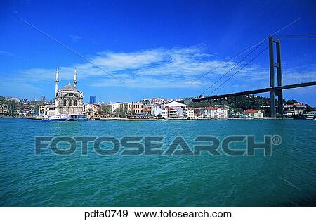 Stock Photo - Istanbul, Bosporos strait, Bosporos Bridge, monastery, temple, dome, spire. Fotosearch