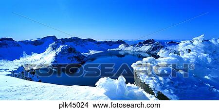 Picture - river, winter mountain, day, snow, water, rock, Mt Baekdu. Fotosearch