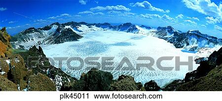 Stock Image - winter mountain, cloud, day, snow, water, Mt Baekdu. Fotosearch
