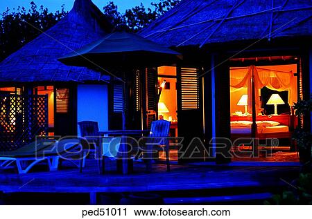 Stock Image - guest room, building, construction, travel place, destination, resort, Maldives. Fotosearch