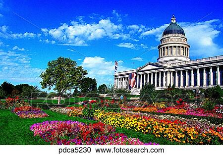 Stock Image - building, structure, construction, building, National Assembly building, flower, flower field. Fotosearch