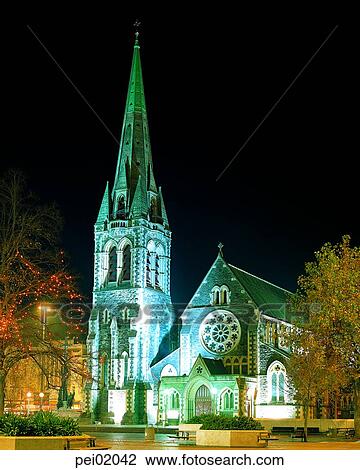Stock Image - building, structure, construction, building, church, night. Fotosearch