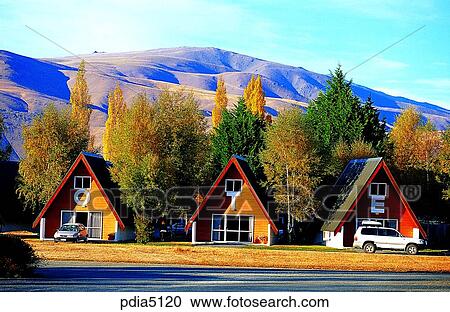 Stock Image - suburb, day, New Zealand, two vehicles, bungalow, bungalow. Fotosearch