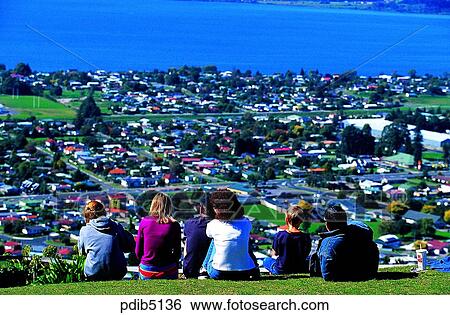 Stock Photograph - trip, travel, tour, day, New Zealand, back, behind. Fotosearch