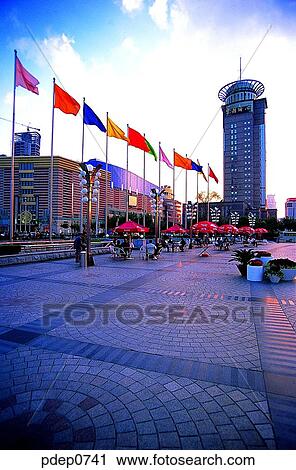 Stock Image - building, architecture, park, open space, square, flag, day. Fotosearch