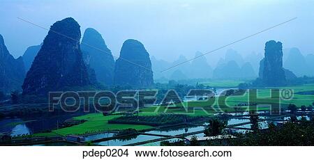 Picture - day, river, Guilin's landscape, Guilin's scenery, Guilin, farm, 0474. Fotosearch