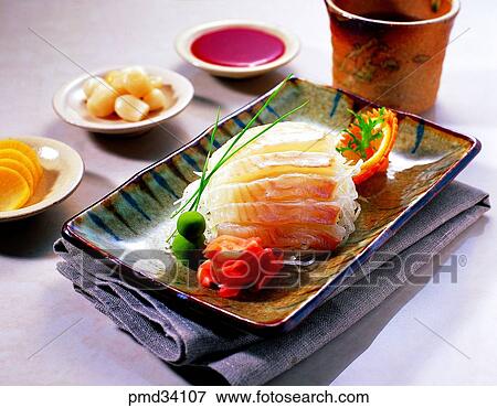 Stock Photo - flatfish, flatfishraw fish, pickled radish, rakkyo, scallion, raw fish. Fotosearch