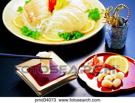 Stock Image - flatfish, raw flatfish, rakkyo, scallion, raw fish, dish. Fotosearch