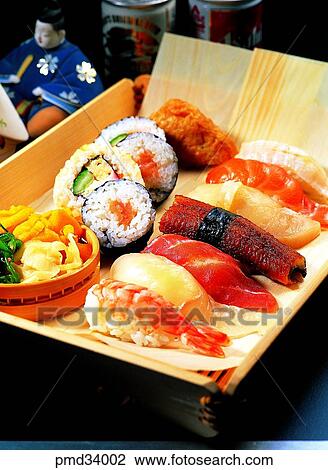 Stock Image - food, all raw fish callifornia roll set, dish, sushi, fish callifornia roll, all raw fish callifornia roll. Fotosearch