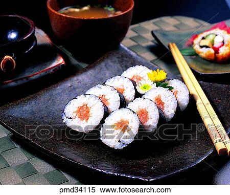 Stock Photography - gimbap, rice with a seaweed, sushi roll, sushicallifornia roll, dish, food. Fotosearch
