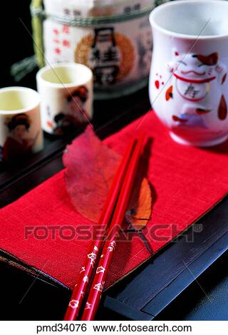 Stock Photograph - leaves, water glass, setting, article, drink glass, Japanese food. Fotosearch