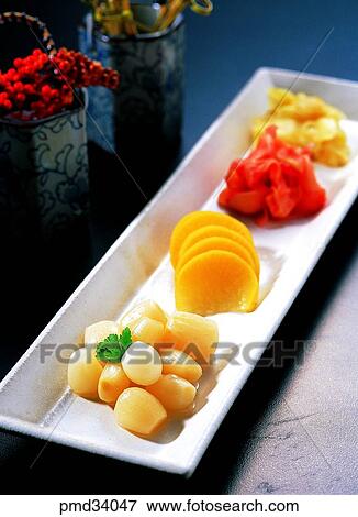Stock Photo - pickled radish, rakkyo, scallion, side dish, Japanese food, pickled ginger2. Fotosearch