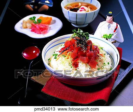 Stock Image - rice capped, kinds of rice capped, dupbap, spoon, dish, food. Fotosearch