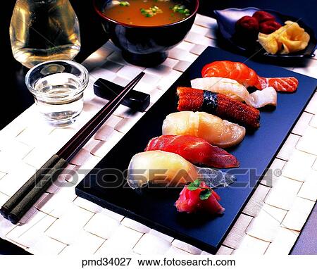 Stock Photo - soup, all callifornia roll, fish callifornia roll, drink, liquor, alcohol. Fotosearch