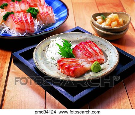 Picture - Wasabia Koreana, sea bream, gold bream, raw sea bream fish, raw gold bream fish, rakkyo, scallion. Fotosearch