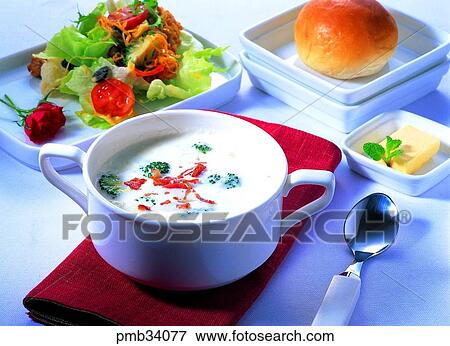 broccoli soup, broccoli soup, bread, salad, western dish, western food View Large Photo Image Stock Photo - broccoli soup, broccoli soup, bread, salad, western dish, western food. Fotosearch