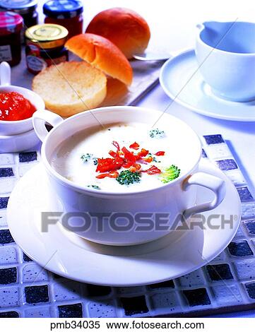 Stock Photography - broccoli soup, broccoli soup, bread, western dish, western food, soup. Fotosearch