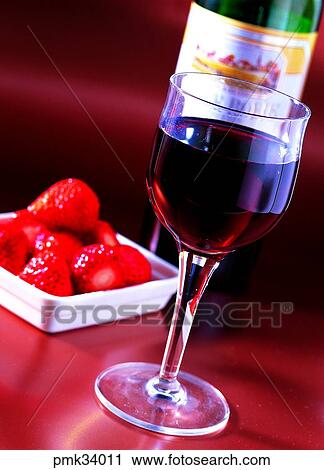 Stock Image - glass, desert, strawberry, wine bottle, wine, wine glass. Fotosearch
