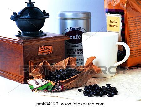 Stock Photo - mug cup, grinder, indoor, coffee beans, coffee beans grinder, coffee. Fotosearch