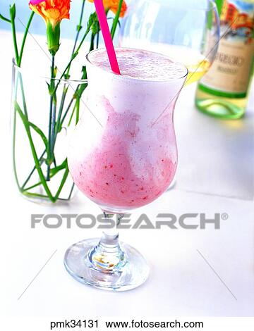 Stock Image - strawberry shake, straw, shake, indoor, glass, cup. Fotosearch