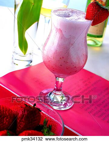 Stock Image - strawberry, strawberry shake, shake, indoor, glass, cup. Fotosearch