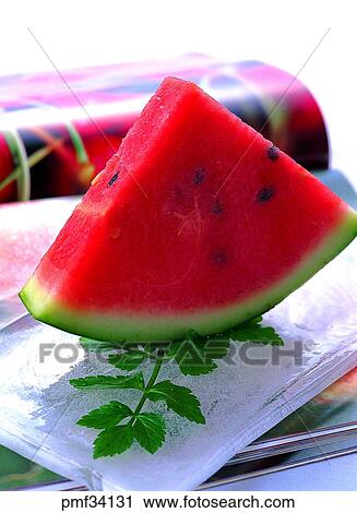Stock Image - fruit, section, slice, desert, watermelon, indoor. Fotosearch