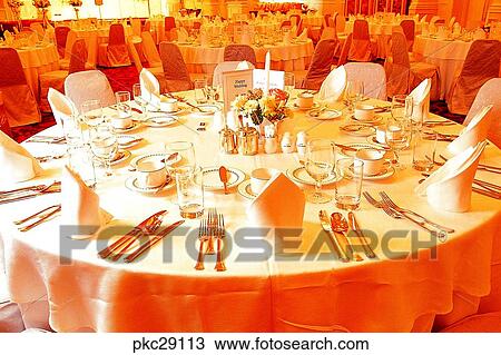 Stock Image - marriage, wedding ceremony hall, vessel, knife, napkin, restaurant, buffet. Fotosearch