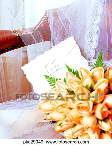 Stock Photo - marriage, wedding veil, bridal veil, bouquet, article, indoor. Fotosearch