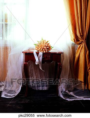 Stock Photography - marriage, wedding veil, bridal veil, bouquet, article, indoor. Fotosearch