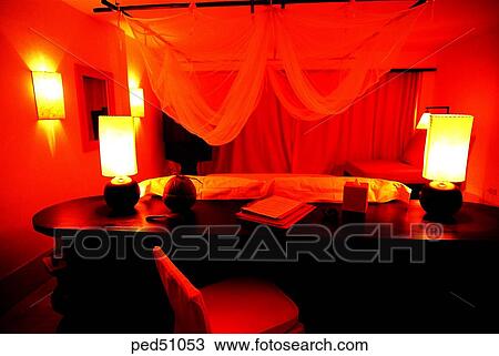 Stock Image - guest room, resort, lodge, stay, lodging facilities, lamp. Fotosearch