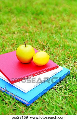 Stock Photo - fruit, fruits, day, book, books, read, reading book. Fotosearch