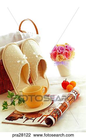 lifestyle, basket, slippers, magazine, vase, flower, cup View Large Photo Image Stock Image - lifestyle, basket, slippers, magazine, vase, flower, cup. Fotosearch